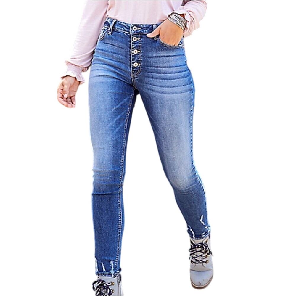 Kancan Mid Rise Destroyed Hem Medium Wash Skinny Jeans Size 26